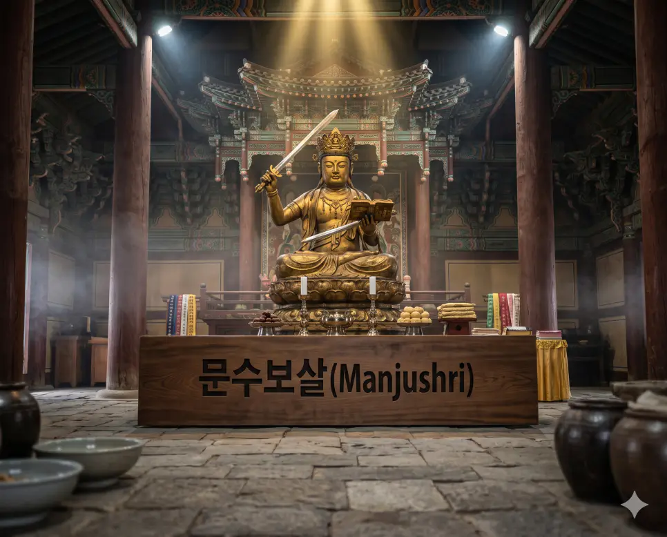 어스름한 사찰 전각 내부의 불단 위에 봉안된 웅장한 금빛 문수보살 석조 불상이 지혜의 검을 쥐고 빛나는 실제 정경을 담았으며 불상 바로 앞 어두운 원목 제단 표면 한가운데에 문수보살 이라는 한글 타이틀이 크고 굵은 검은색 폰트로 각인되어 가독성을 극대화한 찐 극실사 보도사진 이미지
