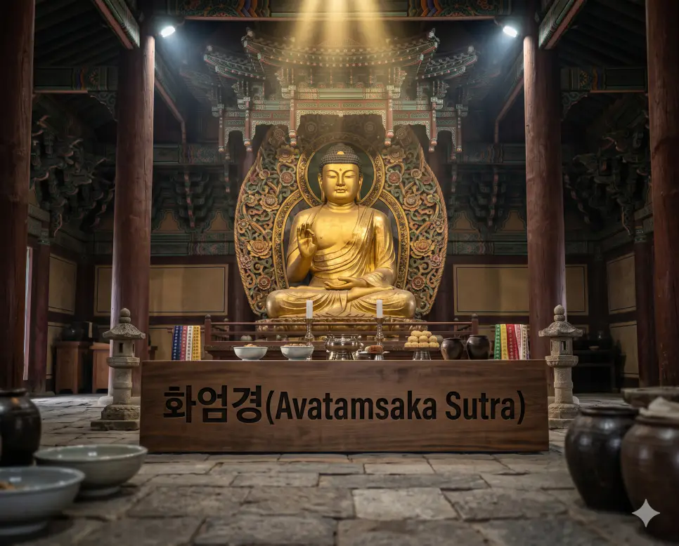 웅장한 대적광전 내부 불단 위에 봉안된 거대한 금빛 비로자나불 상이 화려한 꽃 장식에 둘러싸인 실제 정경을 담았으며 불상 바로 앞 원목 제단 표면 한가운데에 화엄경 이라는 한글 타이틀이 크고 굵은 검은색 폰트로 각인되어 가독성을 극대화한 찐 극실사 보도사진 이미지