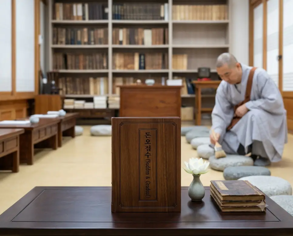 사찰 선방의 깨끗한 책상 위에 놓인 가죽 바인더 표지에 돈오점수 라는 한글 타이틀이 크고 또렷하게 인쇄되어 시인성이 매우 높으며 배경에 한 승려가 미세한 먼지를 솔로 정성스럽게 털어내며 계단을 닦는 점진적 수행 정경이 흐릿하게 처리된 극실사 모습