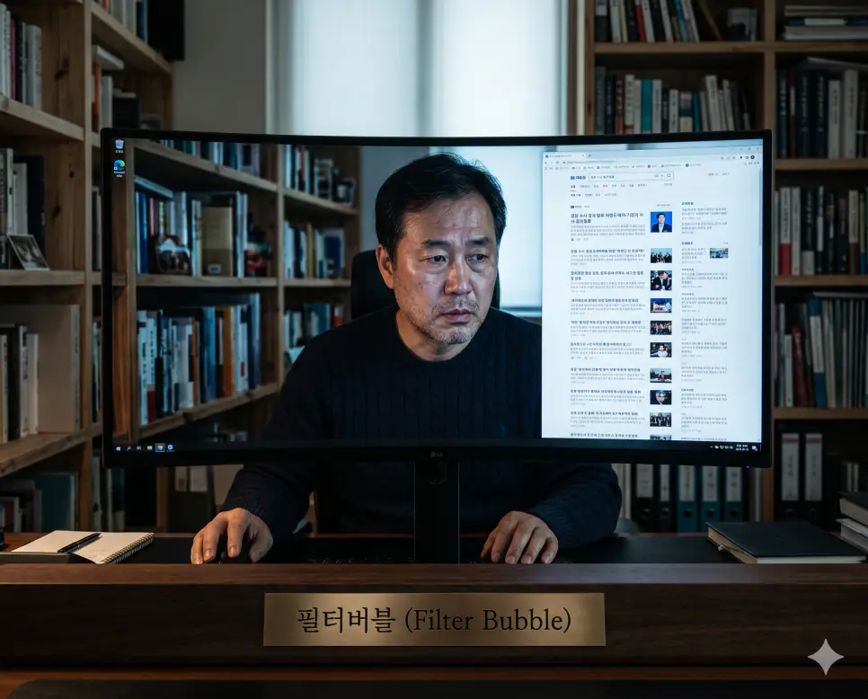 알고리즘의 선택적 정보 제공으로 인해 자신만의 왜곡된 가두리에 갇히는 현상인 필터버블의 무거움을 어두운 서재 책상 앞에서 한 한국인 남성이 컴퓨터 모니터의 편향된 뉴스 데이터만 조용히 정독하며 몰두하는 정면 극실사 모습