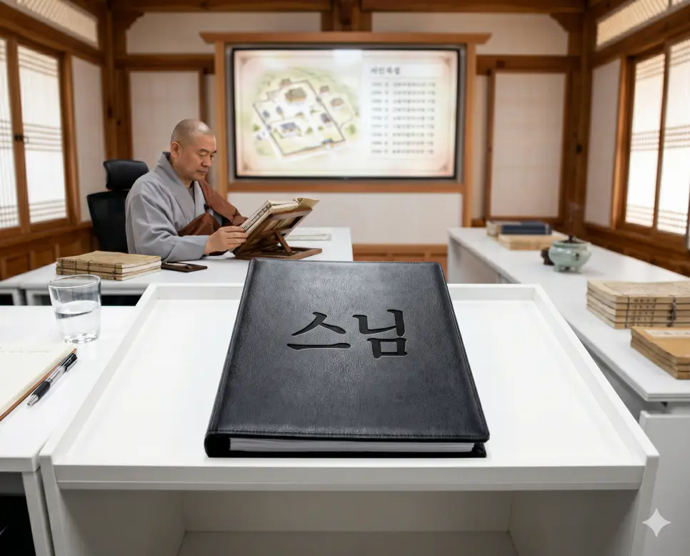 사찰 행정실의 정갈한 책상 위에 놓인 가죽 바인더 표지에 스님 이라는 경칭 타이틀이 크고 또렷한 검은색 글씨로 인쇄되어 가독성이 매우 높으며 배경에 한 한국인 승려가 가만히 경전을 검토하는 조용한 분위기를 담아낸 찐 보도사진 스타일의 극실사 모습