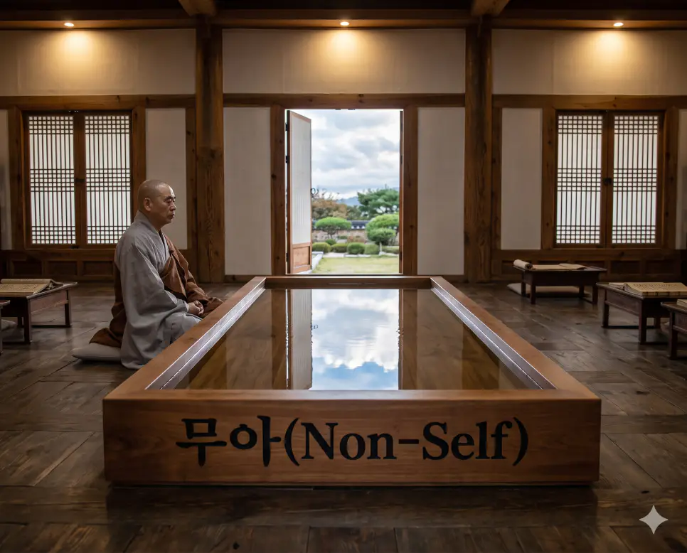 조용한 명상실 바닥에 놓인 대형 수조 틀 전면에 무아 라는 한글 타이틀이 크고 굵게 새겨져 시인성이 매우 높으며 그 너머로 가사를 수한 한국인 승려가 잔잔한 수면에 비치는 구름의 변화를 가만히 응시하며 서 있는 뒷모습을 담아낸 장엄한 서사의 극실사 모습