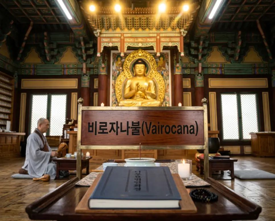 대적광전 내부 제단 위에 안치된 거대한 금빛 비로자나불 불상이 법계를 상징하는 수인을 결하고 빛나는 실제 정경이며 불단 바로 앞 안내 표지판 표면에 비로자나불 이라는 한글 제목이 크고 선명하게 인쇄되어 가독성을 최고로 높인 찐 극실사 보도사진 이미지