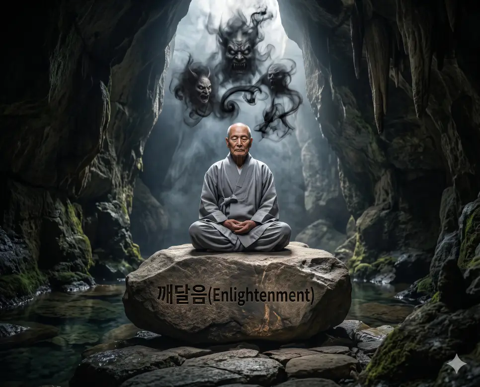 머리 위 허공으로 밀려드는 어두운 마라의 망상 환영 속에서도 깊은 산속 동굴 바위 위에 가부좌를 틀고 손끝 하나 꼼짝도 하지 않는 한국인 스님의 장엄한 항마 수행 정경을 담았으며 스님이 앉은 바위 표면 중심에 깨달음 이라는 한글 타이틀이 크고 굵게 새겨져 시인성을 극대화한 찐 극실사 보도사진 이미지