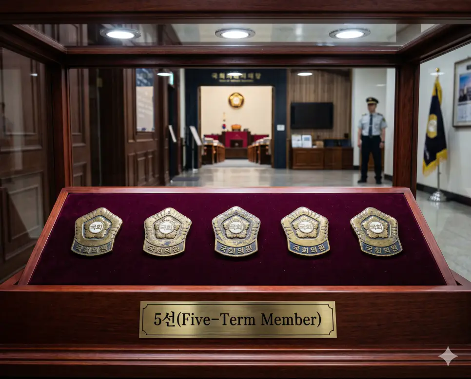 선거에서 당당하게 다섯 번의 승리를 거머쥔 숙련된 베테랑 의원의 상징인 5선의 영예를 국회 전시함 내부 벨벳 쿠션 위에 나란히 정렬된 5개의 실제 국회의원 금빛 휘장 배치 구도로 연출한 직관적인 정면 극실사 모습