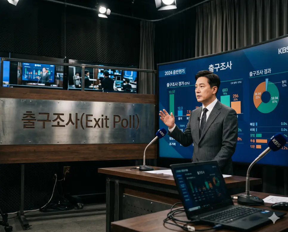 유권자 공동체를 대상으로 표본 계측을 감행하여 개표 전 승패를 신속하게 예측해 내는 미디어 공학인 출구조사의 심층 정황을 뉴스 스튜디오 마이크 앞에서 분석 주자가 통계 그래프 서명서를 엄숙하게 발표하고 있는 정태의 극실사 이미지