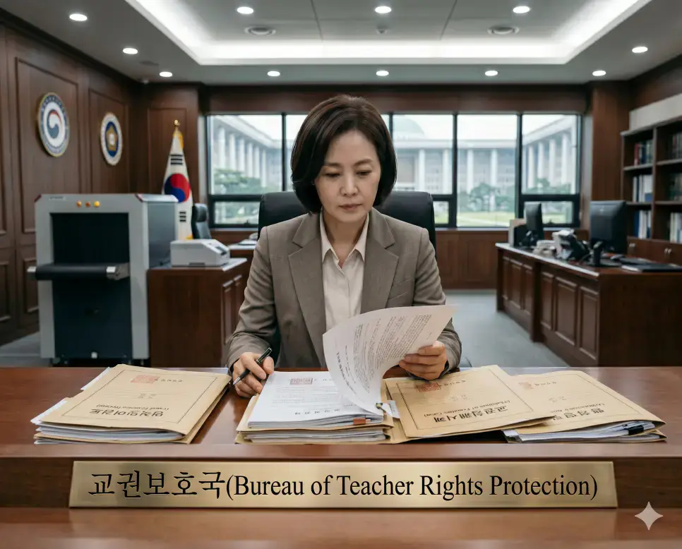 교사의 정당한 교육 권리를 법적으로 수호하는 전담 행정 부서인 교권보호국의 직무를 정부 청사 회의실에서 교육부 주무관이 신중한 표정으로 지원 조례안 문서를 면밀히 검토하는 정책 중심의 정면 극실사 모습