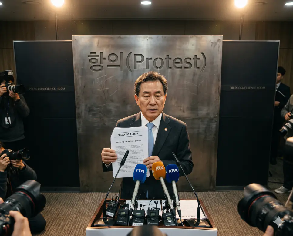 상대 진영의 부당한 처사 탓에 발생한 리스크에 대응하여 거부와 반대의 팩트 수치를 명밀히 대조하며 바로잡기를 요구하는 쟁의 행동인 항의(Protest)의 심각한 정황을 공식 기자회견장 마이크 앞에서 대표 주자가 이의신청 성명서를 엄숙하게 낭독하고 있는 정태의 극실사 이미지