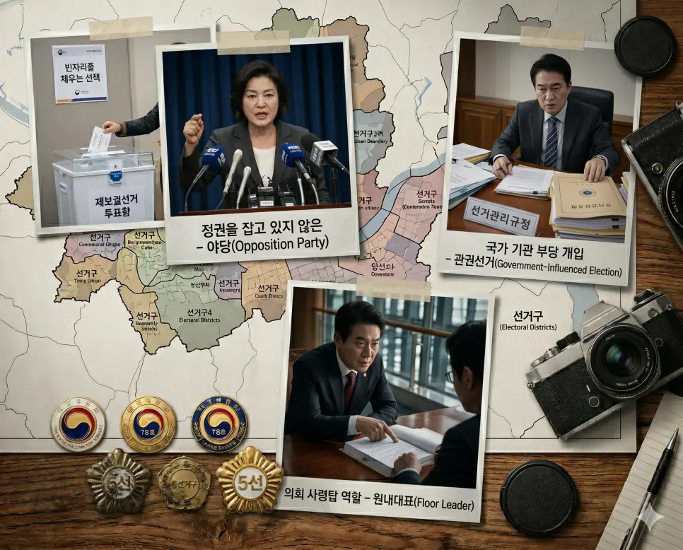 공동 언론 브리핑을 주도하는 야당의 견제 모습, 행정 서류 조사를 받는 공직자의 관권선거 정국 연출, 법안 조율을 위해 설득하는 원내대표의 협상 장면을 한 프레임에 자연스럽고 입체적으로 배열한 종합 인물 중심 극실사 이미지