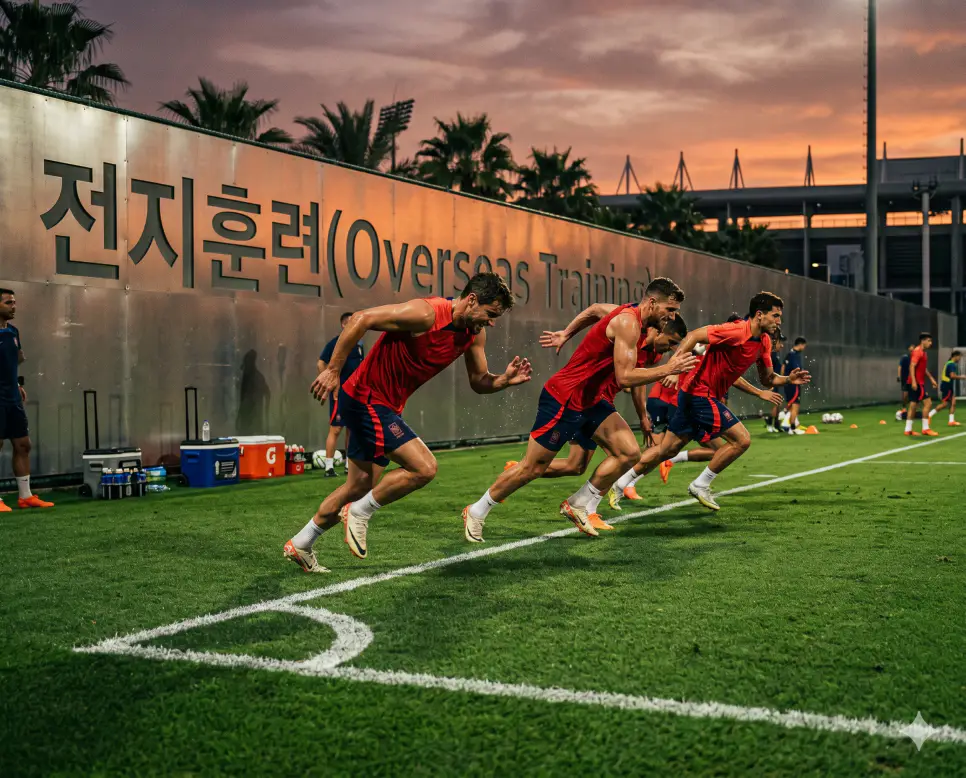 최적의 신체 제어 능력을 장악하기 위해 기후 조건이나 인프라가 우수한 다른 지역이나 해외 거점으로 진영을 이동시켜 감행하는 고강도 자아 도야 도정인 전지훈련(Overseas Training)의 현장을 노을빛이 내리죄는 국외 전용 훈련장 터치라인 선상에서 프로 선수들이 고강도 스프린트 훈련을 펼치고 있는 정태의 극실사 이미지