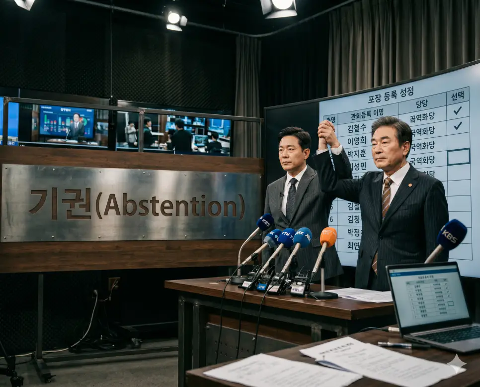 투표나 표결에서 자신에게 주어진 소중한 권리를 자발적으로 행사하지 않는 행동인 기권의 상태를 전광판 명단 위 선택 표시가 비어있는 정태의 서사 구도로 연출한 뉴스 속의 극실사 이미지
