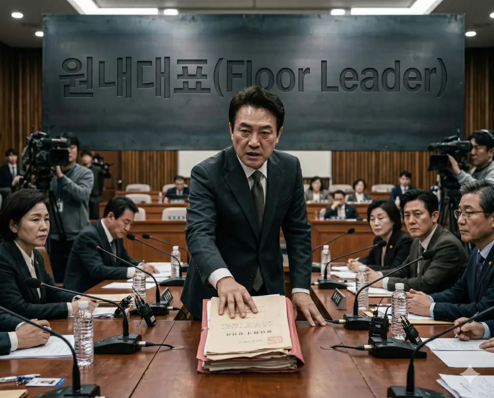 국회 내부에서 소속 의원들을 조율하고 타 정당과 법안 처리를 협상하는 의회 사령탑인 원내대표의 직무를 본회의장 대형 회의탁자 앞에서 대표 의원이 조율안 문서를 짚으며 강력하게 주장하는 역동적인 인물 서사 구도의 정면 극실사 이미지