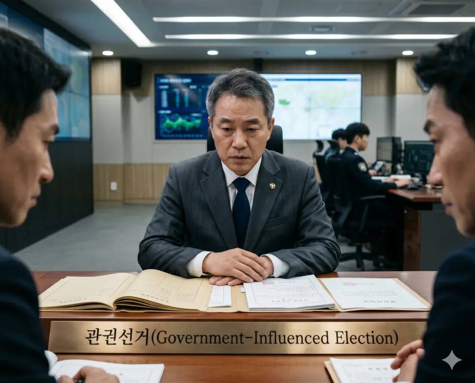 국가 기관이나 공무원이 선거 중립 의무를 저버리고 부당하게 개입하는 관권선거의 수사 정국을 정부 종합 청사 조사실 테이블에서 한 공직자가 굳은 표정으로 공식 행정 백서 자료를 확인받는 뉴스 보도사진 구도의 정면 극실사 모습