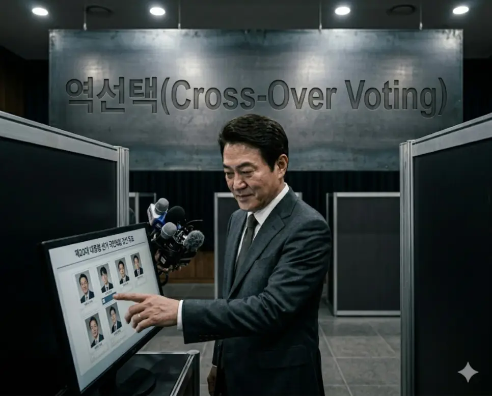 타 정당의 지지자가 상대 진영의 경선 결과 왜곡을 도모하기 위해 의도적으로 취약한 후보에게 몰표를 주는 역선택의 상황을 투표소 내부에서 한 남성이 묘한 미소를 띠며 모니터 화면의 후보자 명단을 클릭하는 심리적 연출 구도의 극실사 이미지