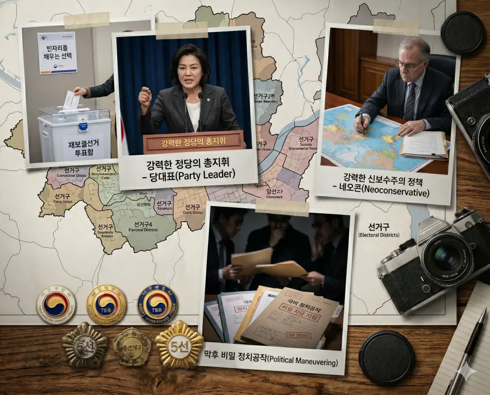단상 위에서 총지휘를 하는 당대표의 공식 연설, 세계 정세를 분석하는 네오콘 자문관의 서사, 비밀리에 모략을 벌이는 정치공작의 밀실 작전 장면을 한 프레임에 입체적이고 자연스럽게 배열한 종합 인물 중심 극실사 이미지