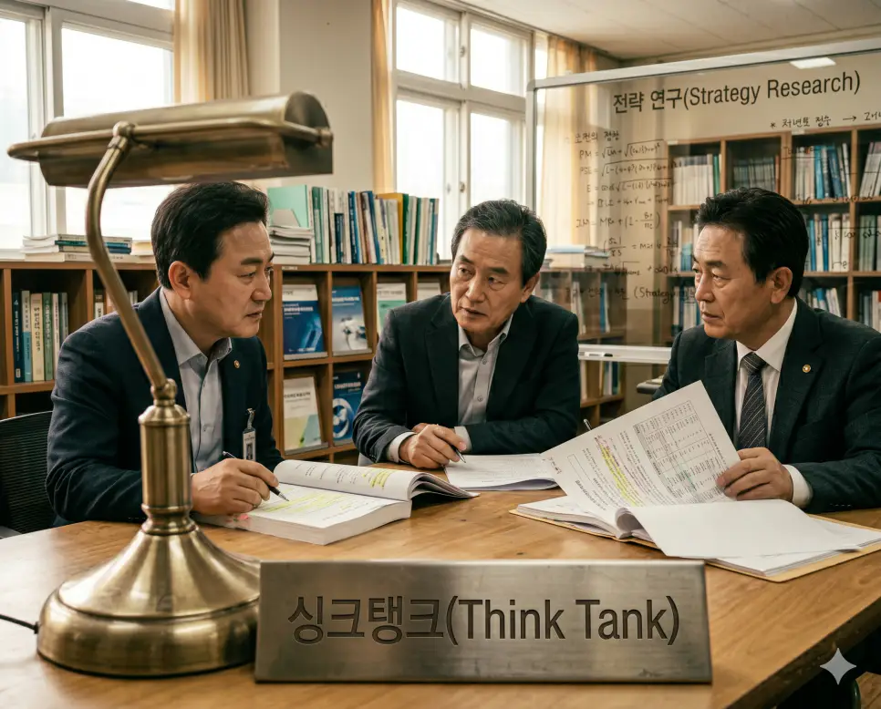 각 분야의 전문가들이 모여 국가 정책과 선거 전략을 연구하는 지식 창고인 싱크탱크의 연구 과정을 회의실 책상에서 연구원들이 최신 경제 보고서 문서를 정독하며 진지하게 토론하는 지적인 인물 서사 구도의 극실사 이미지