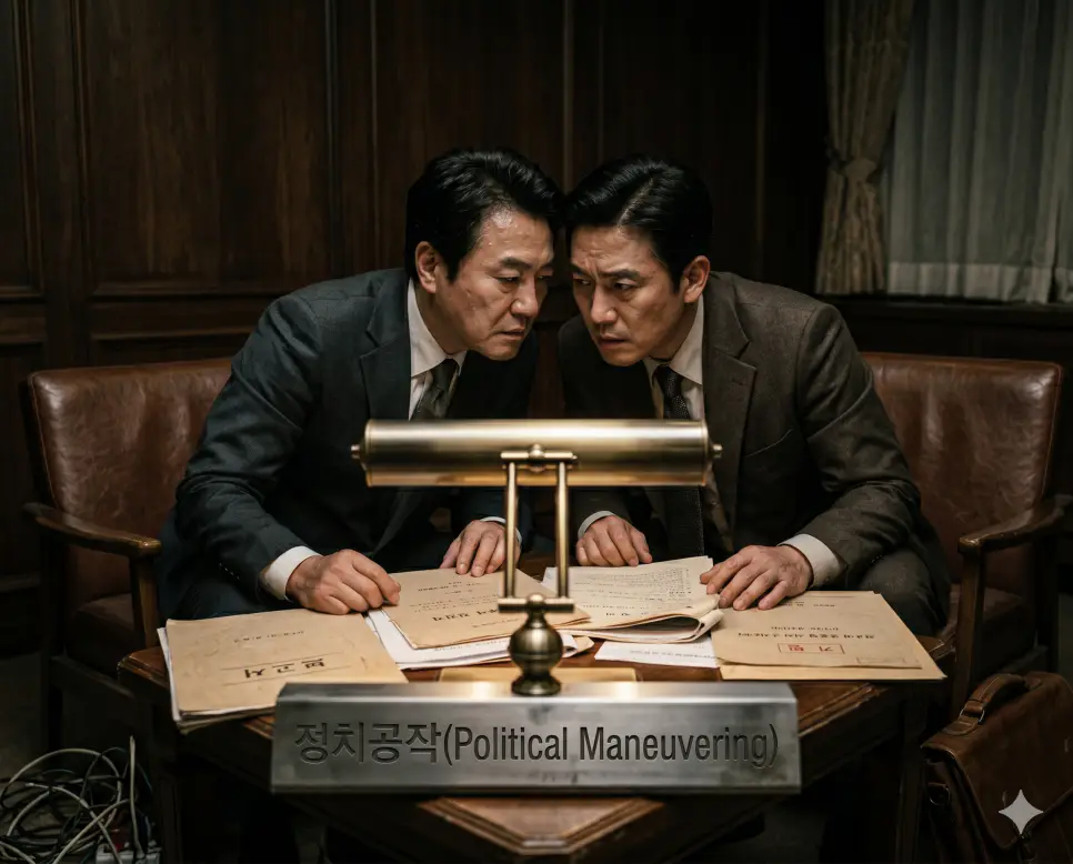 특정 정치적 목적 달성을 위해 밀실에서 밀밀히 벌어지는 정치공작의 긴박함을 어두운 보안 회의실 테이블에 둘러앉아 극비 문서를 주고받으며 은밀하게 논의하는 전략가들의 시선 연출 구도로 표현한 보도사진 스타일의 극실사 이미지