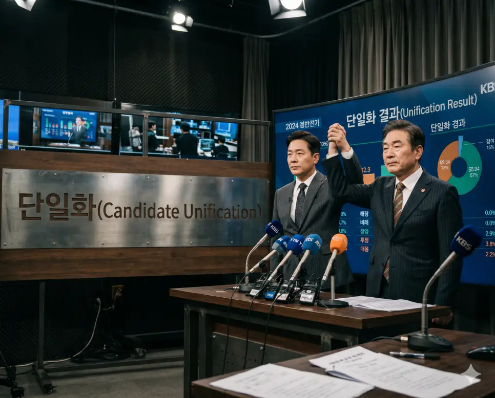 출마한 여러 후보들이 표가 갈리는 것을 막기 위해 협의나 경선을 거쳐 한 명의 후보로 합치는 전술인 단일화의 연대 정황을 공식 발표장 마이크 앞에서 연합 주자들이 손을 맞잡고 공동 성명서를 선포하고 있는 정태의 극실사 이미지