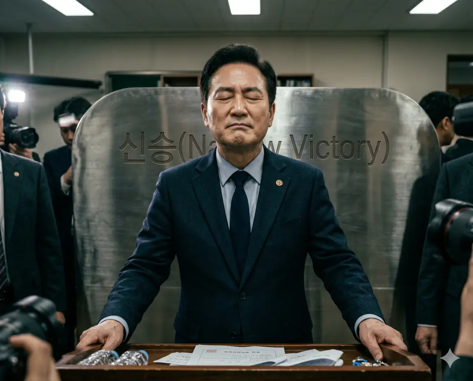 치열한 접전 끝에 간신히 가까스로 승리를 거머쥔 상태인 신승의 안도감을 언론 브리핑실 마이크 연단 앞에서 피 말리는 당선 확정 소식을 듣고 눈을 감으며 깊은 한숨을 쉬는 당선인의 상반신 인물 중심 극실사 이미지