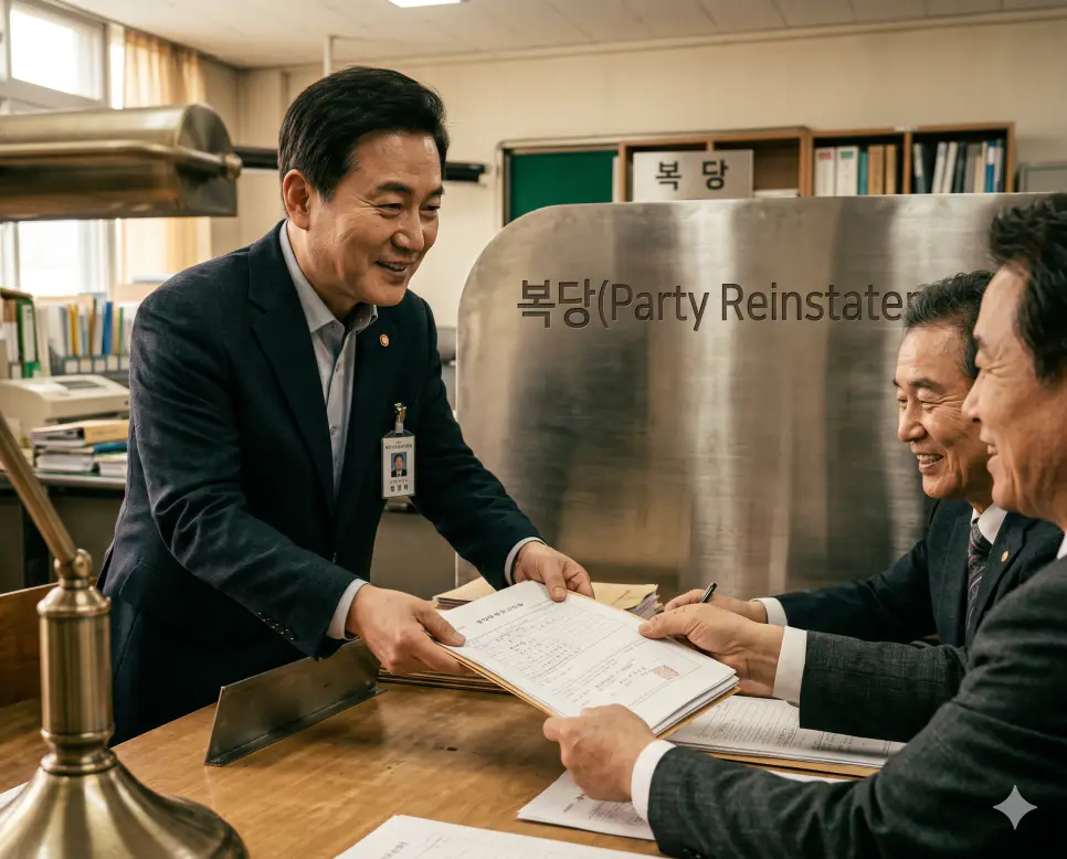 당을 떠났던 정치인이 기존 소속 정당으로 다시 복귀하는 행위인 복당의 과정을 당사 접수처 테이블에서 한 의원이 미소를 띠며 공식 입당 원서 행정 서류를 제출하고 당직자들과 악수하는 화합의 인물 중심 정면 극실사 이미지