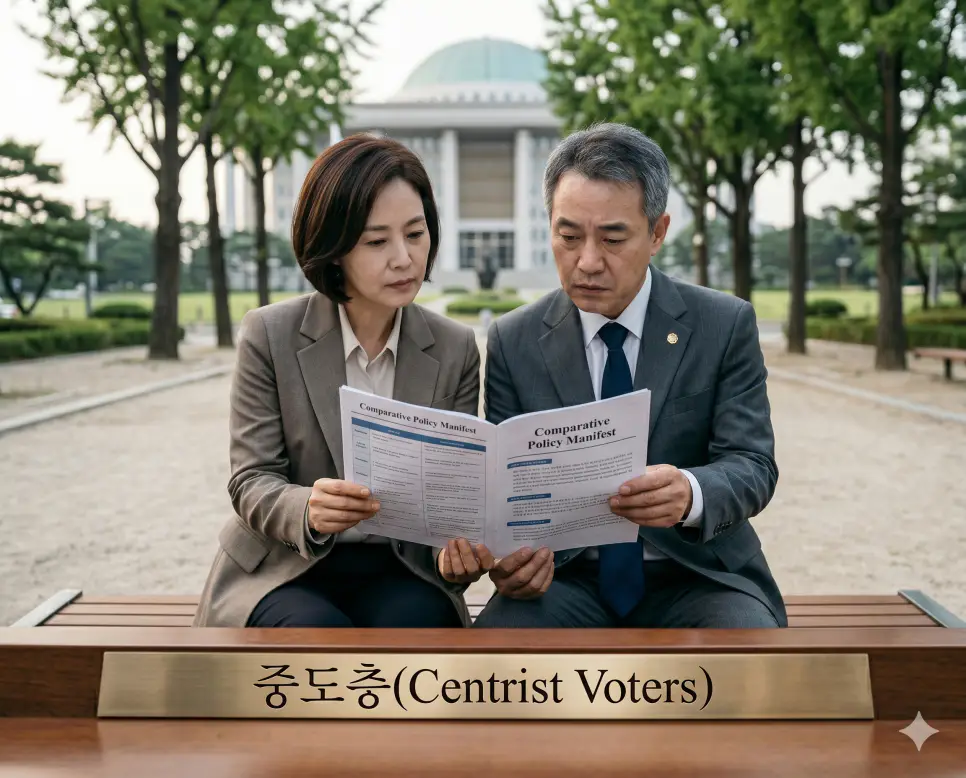 어느 진영에도 치우치지 않고 후보자의 자격과 정책을 냉정하게 평가하는 핵심 집단인 중도층 유권자의 모습을 공원 벤치에서 정책 안내 책자를 돋보기 없이 진지하게 대조하며 분석하는 신중한 부부의 모습으로 연출한 극실사 이미지