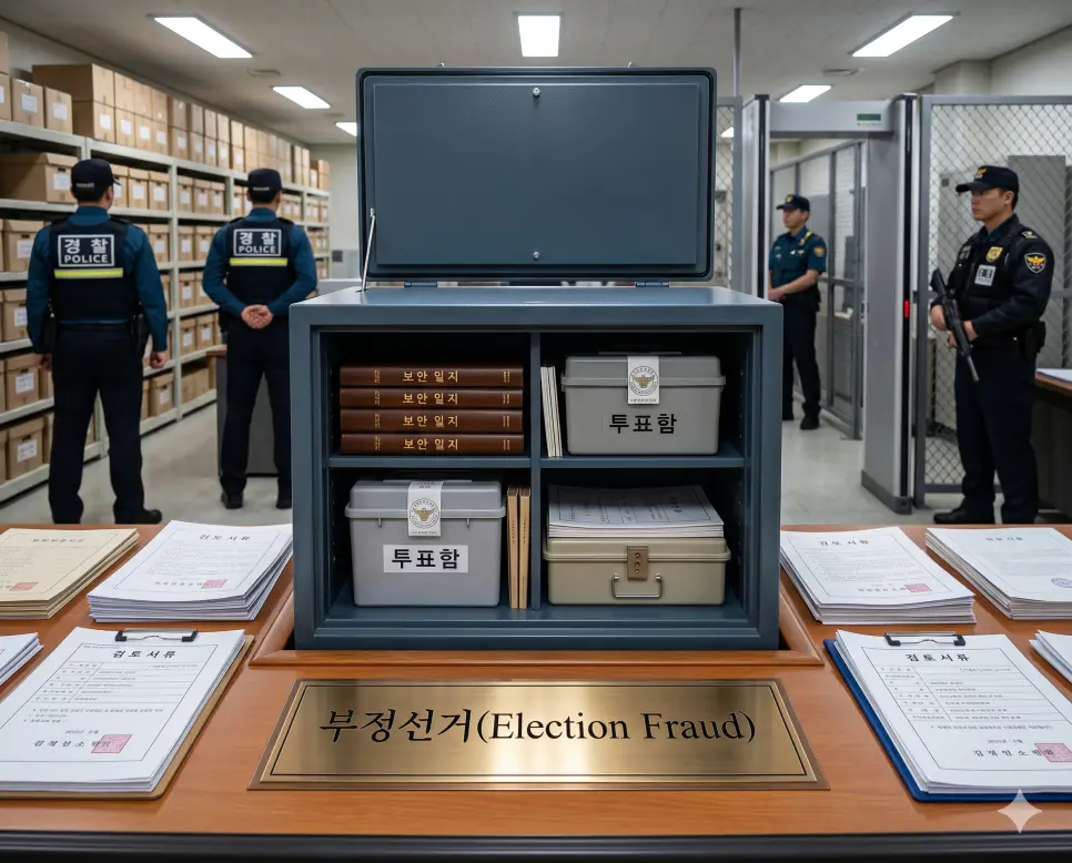 투표나 개표 과정에서 발생할 수 있는 위법 행위를 검증하고 선거 결과의 공정성을 수호하는 부정선거 대응 현장을 보안 문서 보관실 내부 창구 선상에서 확인 서류들이 정밀하게 정돈된 실제 행정 구도로 고증한 정면 극실사 모습