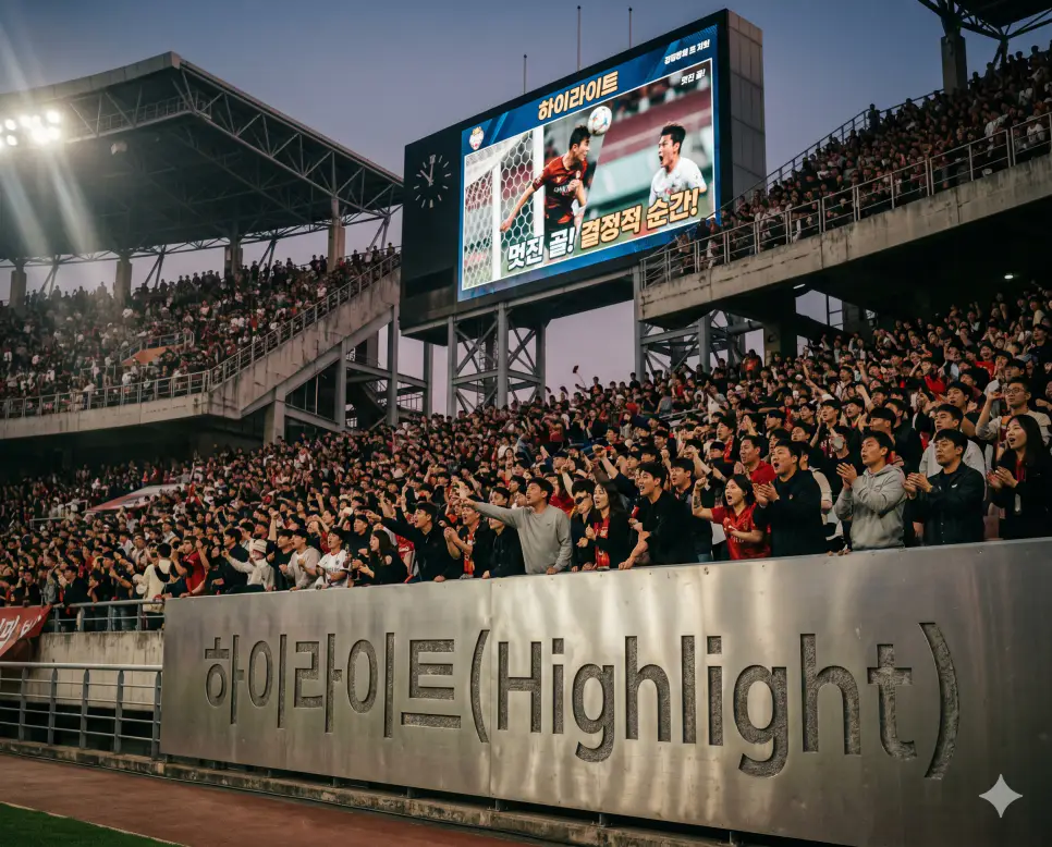 경기 데이터 중 가장 중요하고 흥미로운 임계점 장면들만 여과하여 세공해 놓은 요약본인 하이라이트(Highlight)의 열기를 저녁 twilight 기류가 감도는 경기장 대형 전광판 스크린에 핵심 골 장면이 상영되고 팬들이 환호하는 정태의 극실사 이미지