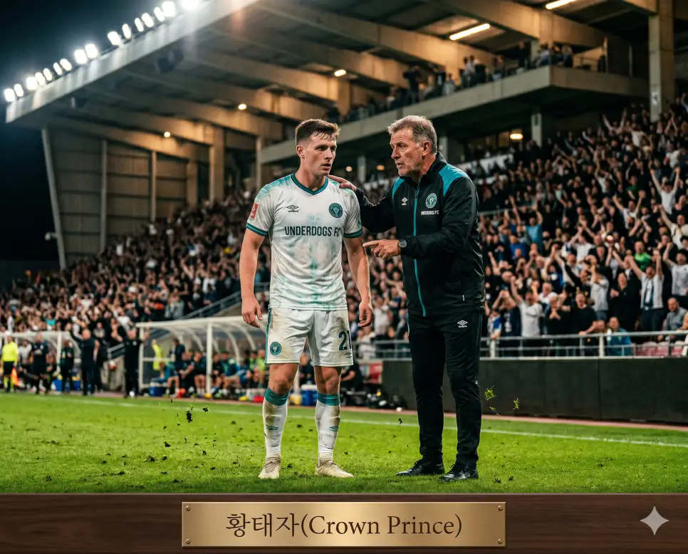 감독의 두터운 신임을 독점하며 미래 패권을 승계받을 핵심 후계자 자산인 황태자(Crown Prince)의 정황을 경기장 테두리 구역에서 핵심 공격 선수가 감독의 지시를 정밀하게 경청하며 전술 가이드라인을 조율하는 실제 스포츠 경기 현장 구도로 고증한 정면 극실사 모습