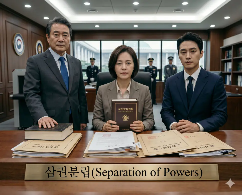 국가 권력의 독점을 막기 위해 입법, 행정, 사법을 분립시키는 제도인 삼권분립의 상징성을 헌법 조문 책자가 놓인 중앙 데스크에서 각 기구의 공직자들이 법과 원칙을 수호하듯 서 있는 정형화된 정면 구도의 다큐멘터리 극실사 모습