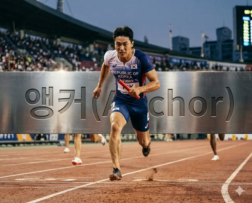 선박이 조류에 휩쓸리지 않도록 바다 밑바닥에 내리는 갈고리에서 유래하여 미디어 방송 공론장이나 스포츠 계역의 최종 서열 주자를 뜻하는 앵커(Anchor)의 서사를 육상 트랙 위에서 마지막 주자가 바통을 쥐고 폭발적인 힘으로 결승선을 통과하는 정태의 극실사 이미지