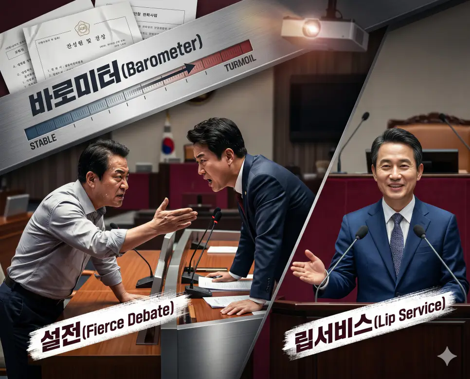 기만적인 빈말을 상징하는 투명한 유리 말풍선의 립서비스 텍스트와 강력한 철제 명판에 새겨진 설전의 글귀가 중심에서 격돌하고 배경에 변화 지표인 바로미터 눈금 선이 조화롭게 어우러진 현대 시사 잡지 레이아웃 스타일의 종합 극실사 이미지
