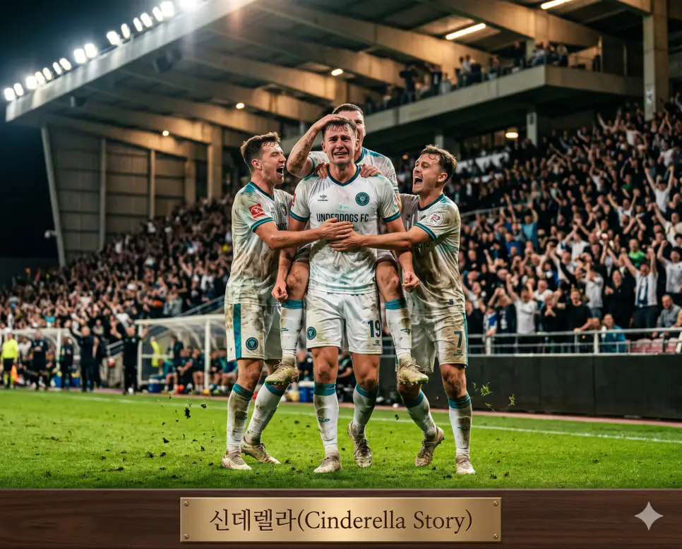 부실한 무명의 비주류 주체가 단 한 번의 임계점 타격으로 판세를 뒤흔들며 정상 서열로 수직 상승하는 프레임 서인 신데렐라(Cinderella Story)의 순간을 토너먼트 대회에서 깜짝 골을 넣은 무명 선수가 동료들의 환호를 받으며 눈물 흘리는 실제 스포츠 경기 현장 구도로 고증한 정면 극실사 모습