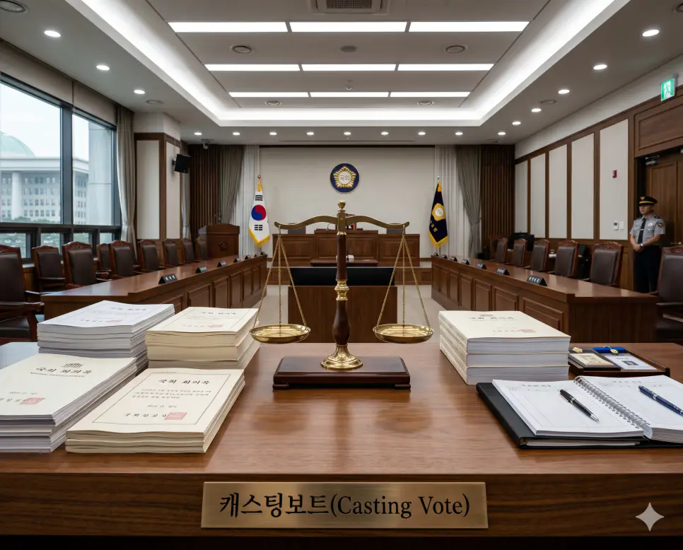 여야의 세력이 팽팽할 때 최종 결정을 내릴 수 있는 제3지대의 결정적 한 표인 캐스팅보트의 역할을 회의실 테이블 위 균형 잡힌 저울과 공식 의결 서식 데이터들의 모습을 통해 고증한 정면 극실사 모습
