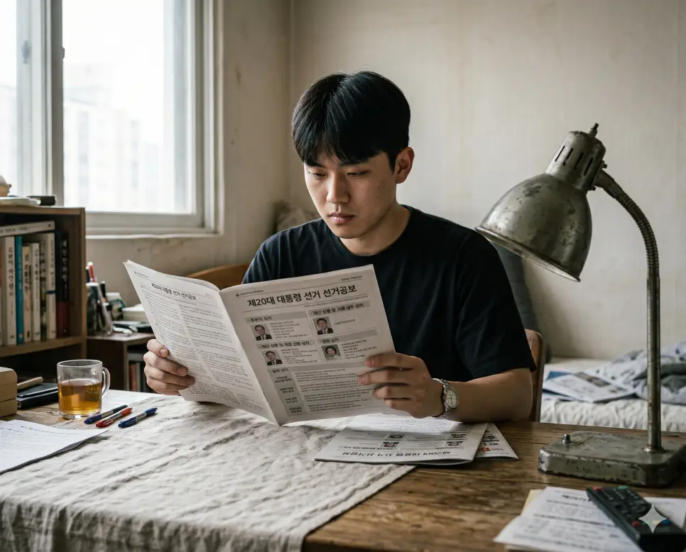 유권자가 올바른 선택을 할 수 있도록 돕는 공식 책자인 선거공보를 한 젊은 남성이 거실 테이블에 앉아 날카롭고 진지한 눈빛으로 정독하며 분석하는 모습을 인물의 일상적 시선 구도로 생생하게 연출한 뉴스 속의 극실사 이미지