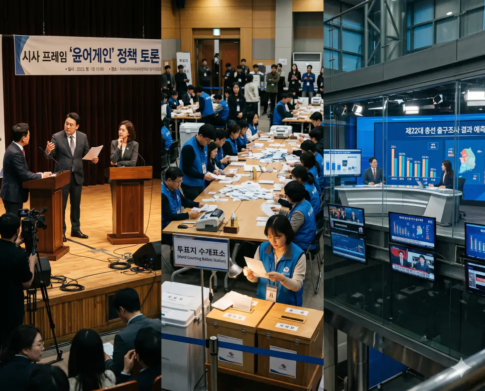 정치 공론장에서 기조 회귀를 분석하는 윤어게인의 정황 서사, 사무원들이 표를 직접 검증하는 수개표의 행정 정황, 그리고 신속하게 통계 수치를 예측하여 화면에 투사하는 출구조사의 순간을 하나의 정돈된 리얼리티 보도사진 스토리 라인으로 융합한 마스터피스 큐레이션 통합 포스터 극실사 이미지