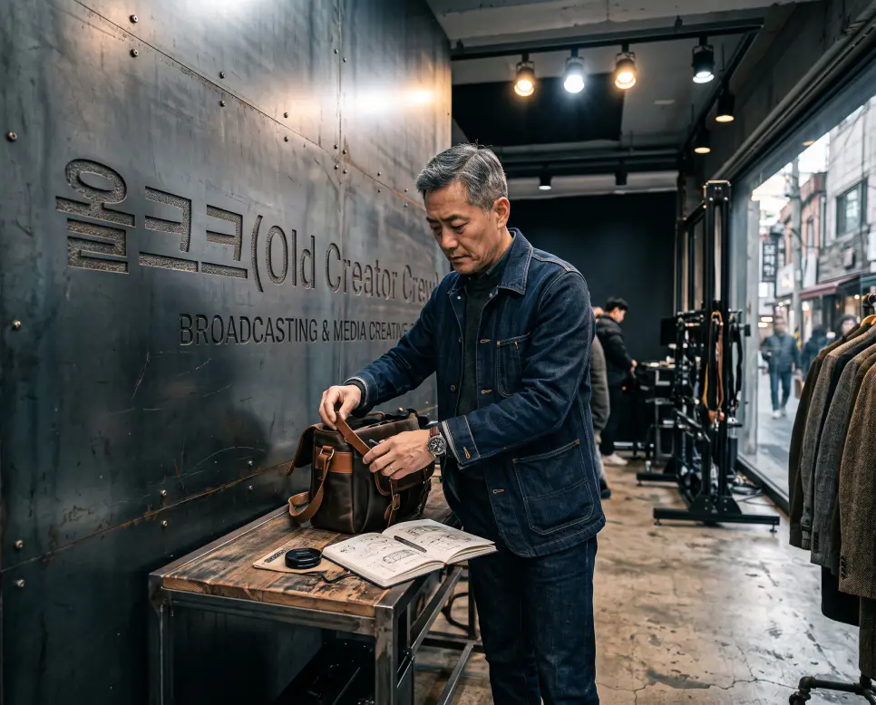나이를 잊고 여전히 힙하게 활동하며 유행을 선도하는 멋진 시니어 세대를 향한 존중의 표현인 올크크(Old Creator Crew)의 정황을 세련된 편집 매장 내부에서 창작 라이프스타일 재화를 점검하는 정태의 극실사 이미지