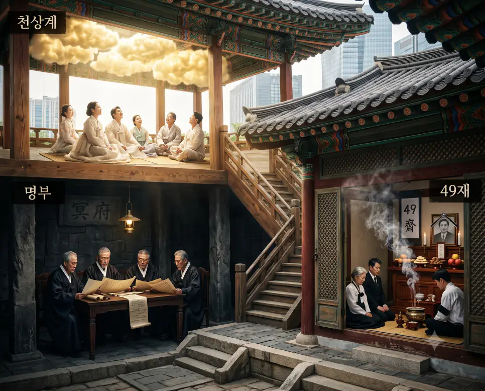 의사당에서 선업의 서식을 확인하는 동양인 천상계의 분석 서사, 도서 구역에서 엄숙한 심판을 조율하는 동양인 명부 서사, 그리고 법당 안에서 향을 피우며 예를 갖추는 동양인 49재 전통 의식의 고유한 전통 풍경을 하나의 완전한 프레임 속에 담아낸 포스터 스타일의 극실사 이미지