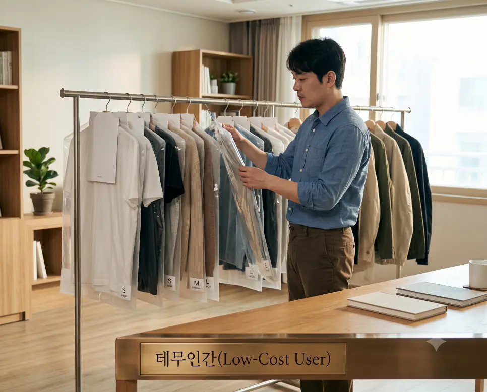 가성비 위주의 저렴한 물건으로 도배한 사람을 의미하는 신조어인 테무인간의 배경을 세련된 패션 매장 내부 진열대 선상에서 소비자가 의류의 서식 데이터들을 정밀하게 살펴보는 실제 생활 구도로 고증한 정면 극실사 모습