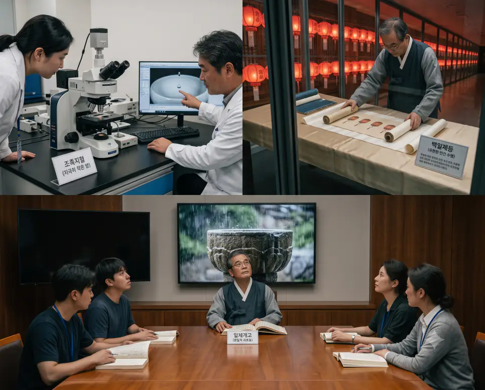 거대한 수량 대비 극소의 물방울을 담은 조족지혈의 시각적 서사, 밤하늘 아래 끝없이 이어진 백 개의 붉은 연등으로 인생의 유한함을 표현한 백일제등의 정황, 그리고 끊임없이 내리는 비를 묵묵히 받아내는 바위 그릇으로 삶의 본질을 수호하는 일체개고의 단면을 하나의 정돈된 리얼리티 보도사진 스토리 라인으로 융합한 마스터피스 큐레이션 통합 포스터 극실사 이미지