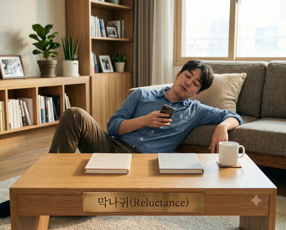 외출을 잡고 나서 실제로 나갈 때가 되면 만사가 귀찮아지는 상황을 뜻하는 줄임말 신조어인 막나귀의 현장을 안락한 거실 소파 위 선상에서 인물이 스마트폰과 함께 편안하게 휴식하는 실제 생활 구도로 고증한 정면 극실사 모습
