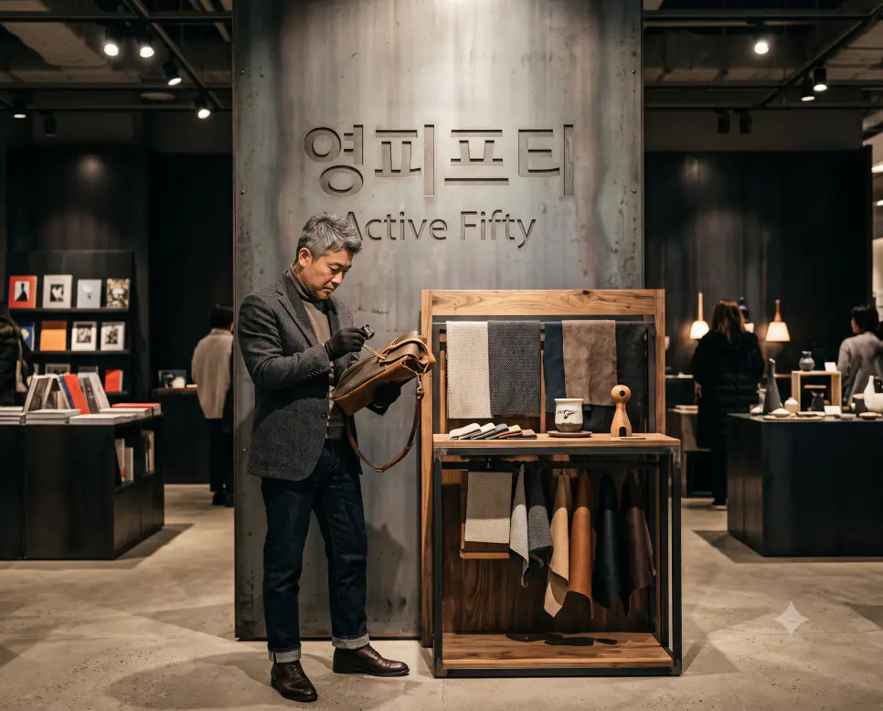 젊고 활동적인 라이프 스타일을 유지하며 트렌디한 지갑 소비를 사수하는 50대를 일컫는 실무 시사 용어인 영피프티의 정황을 세련된 문화 공간 내부 진열대 선상에서 중년의 고객이 라이프스타일 재화를 점검하는 정태의 극실사 이미지