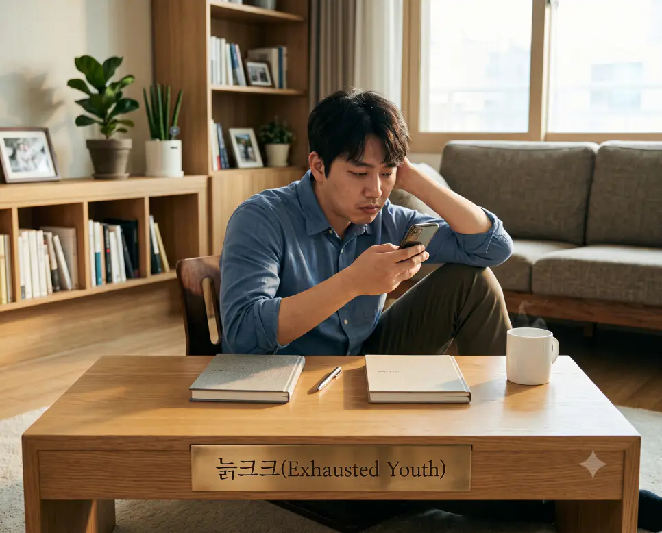 체력은 방전되었지만 유행은 따라가고 싶은 지친 2030 세대들이 스스로를 귀엽게 부르는 자학성 감성 표현인 늙크크의 현장을 하루 일과를 마치고 아늑한 방 안 테이블 선상에서 스마트폰을 보며 휴식하는 실제 생활 구도로 고증한 정면 극실사 모습