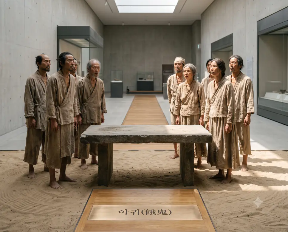 탐욕의 대가로 굶주림과 목마름의 형벌을 받으며 늘 비참하게 살아가는 영혼을 의미하는 용어 아귀의 배경을 거친 모래바람이 부는 야외 선상에서 굶주린 인물들이 비어있는 석조대 선상의 서식 데이터들을 정밀하게 바라보는 실제 행정 구도로 고증한 정면 극실사 모습