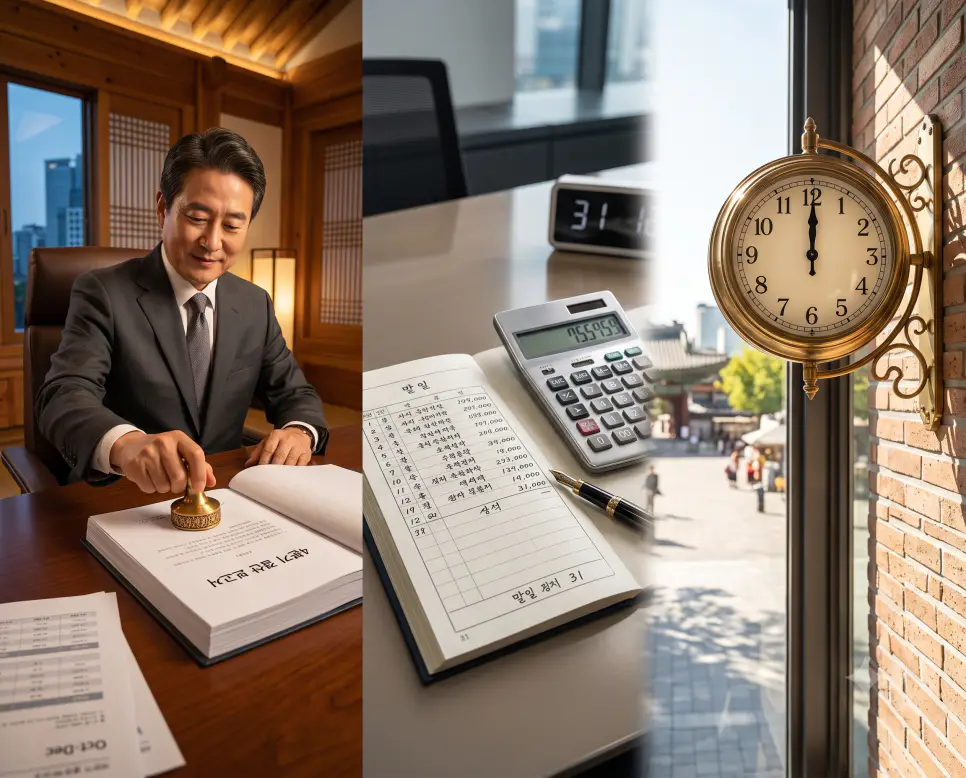10~12월 직인을 찍는 "4분기" 풍경, 31일 장부를 정리하는 "말일" 풍경, 그리고 낮 12시 한낮의 햇살 속 시계를 나타낸 "정오" 풍경을 외곽 테두리와 영문 설명글 없이 자연스러운 시간대별 광원 흐름 속에 세련되게 나란히 배치하여 구성한 프레임리스 포스터 극실사 이미지
