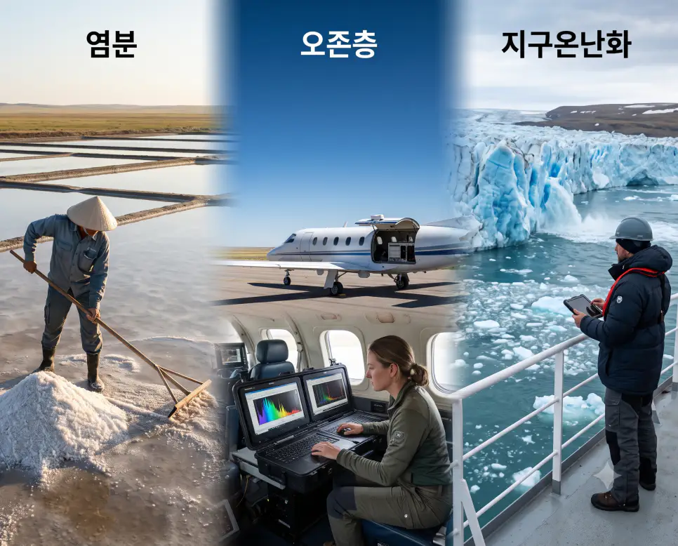 해수 농도를 나타낸 키워드 "염분" 염전 풍경, 자외선 차단막을 나타낸 키워드 "오존층" 성층권 풍경, 그리고 기후 변화를 상징하는 키워드 "지구온난화" 빙하 풍경을 하나의 파노라마 스타일로 담은 극실사 포스터