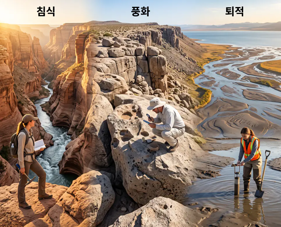 암석이 깎이는 작용을 나타낸 키워드 "침식" 협곡 풍경, 암석이 부서지는 작용을 나타낸 키워드 "풍화" 바위 풍경, 그리고 모래가 쌓이는 작용을 상징하는 키워드 "퇴적" 삼각주 풍경을 하나의 파노라마 스타일로 담은 극실사 포스터