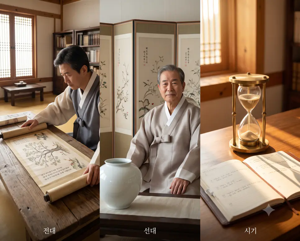 족자를 펼치는 "전대" 풍경, 백자 제기 옆 선대의 전통을 되새기는 "선대" 풍경, 그리고 모래시계로 적기 타임라인을 포착하는 "시기" 풍경을 외곽 테두리와 영문 설명글 없이 자연스러운 시간대별 광원 흐름 속에 세련되게 나란히 배치하여 구성한 프레임리스 포스터 극실사 이미지