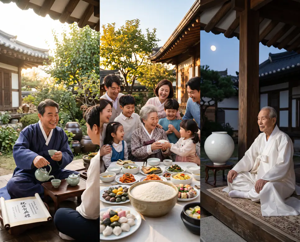 새로운 주기를 시작하는 "진갑" 차회 풍경, 88세 장수를 축하하는 "미수" 가족 풍경, 그리고 99세 신성한 결실을 나타낸 "백수" 달항아리 풍경을 외곽 테두리와 영문 설명글 없이 자연스러운 시간대별 광원 흐름 속에 세련되게 나란히 배치하여 구성한 잡지 편집 화보 스타일의 프레임리스 포스터 극실사 이미지