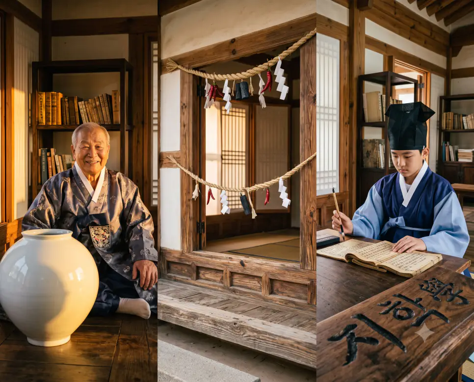 만 90세 어르신의 "구순" 풍경, 출생 21일 금줄의 "삼칠일" 풍경, 그리고 만 15세 학문 정진의 "지학" 풍경을 외곽 테두리와 영문 설명글 없이 자연스러운 시간대별 광원 흐름 속에 세련되게 나란히 배치하여 구성한 프레임리스 포스터 극실사 이미지