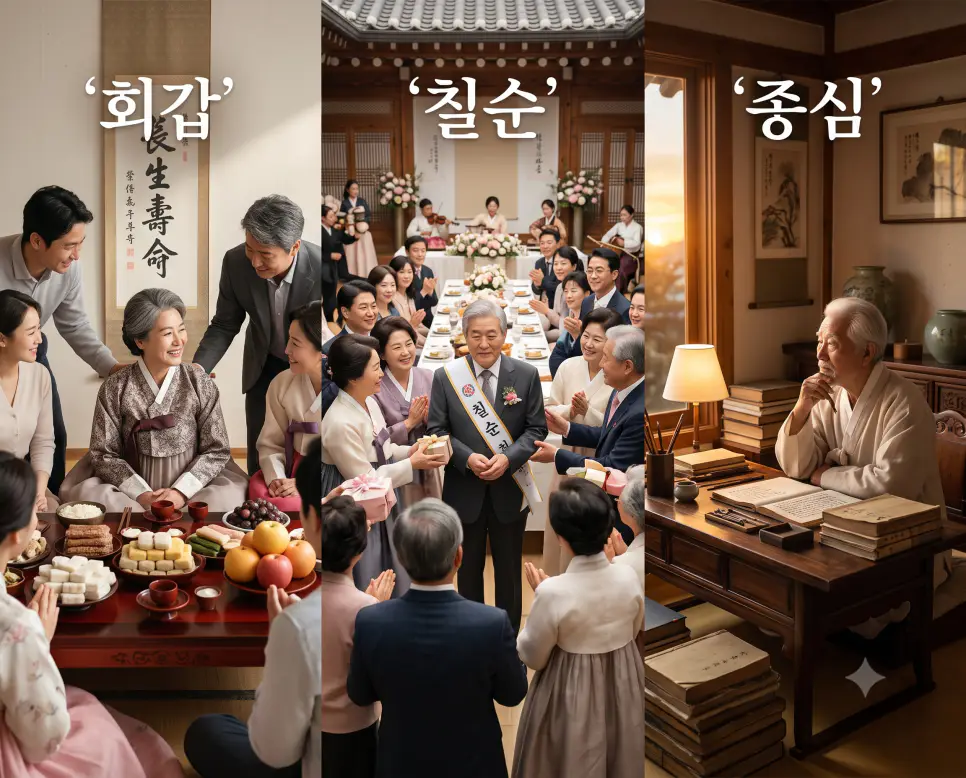 만 60세 육십갑자의 수연을 나타낸 키워드 "회갑" 잔치 풍경, 70세 장수를 기리는 키워드 "칠순" 연회 풍경, 그리고 70세 자유와 지혜를 상징하는 키워드 "종심" 서재 풍경을 하나의 파노라마 스타일로 담은 극실사 포스터